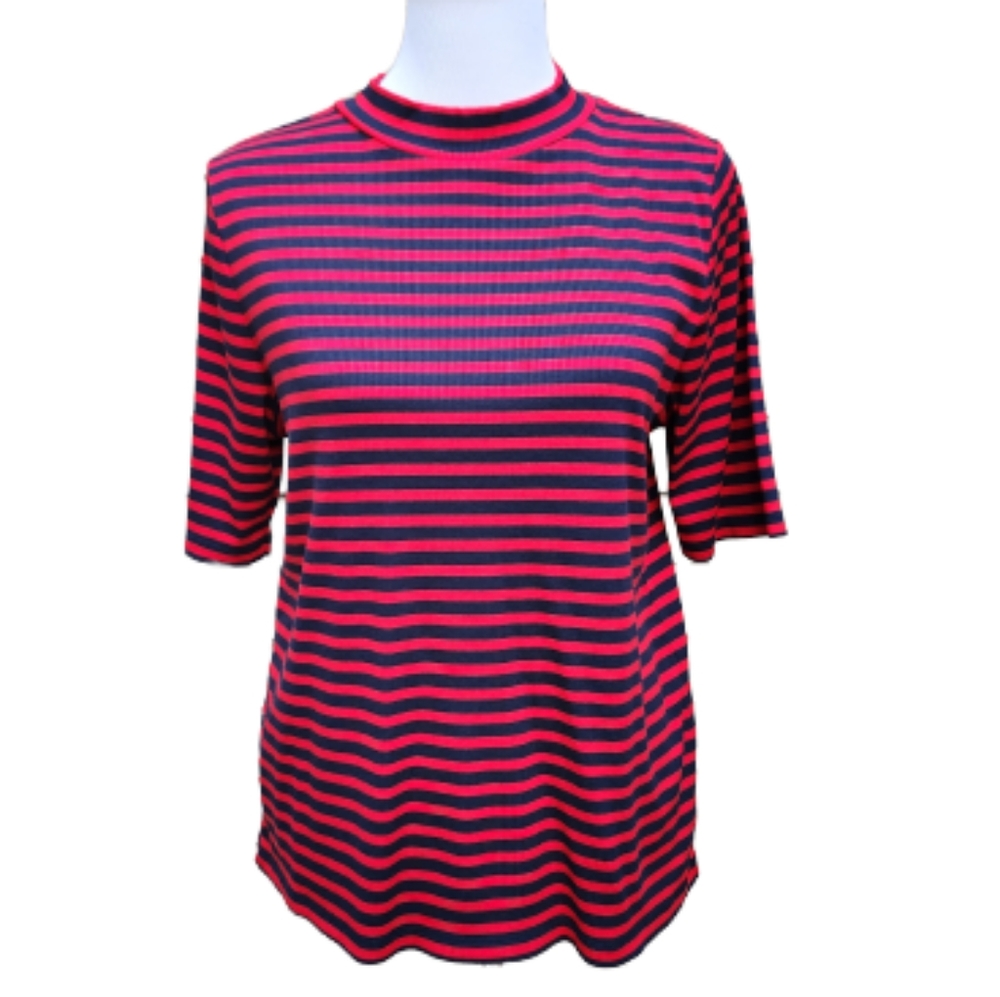Style & Co Ribbed Knit Red Striped Blouse Top Mockneck Elbow Sleeves Stretch